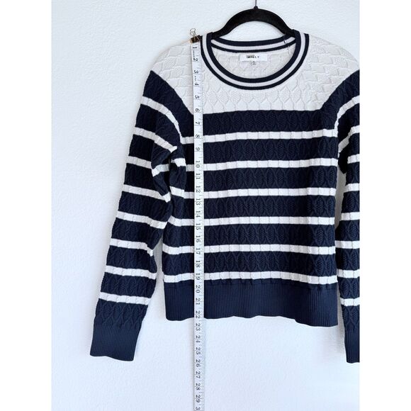 MILLY Stripe Textured Cable Stitch Crew Neck Sweater in Navy & White Size Medium - Picture 11 of 13